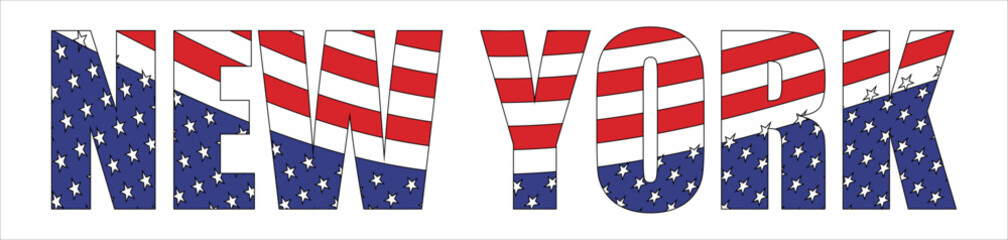 Vector isolated drawing for 
t-shirt with inscription 
of name of New York city on background 
of national united states flag. Pattern for fabric, 
paper, clothing. USA font. Mockup america t shirt.