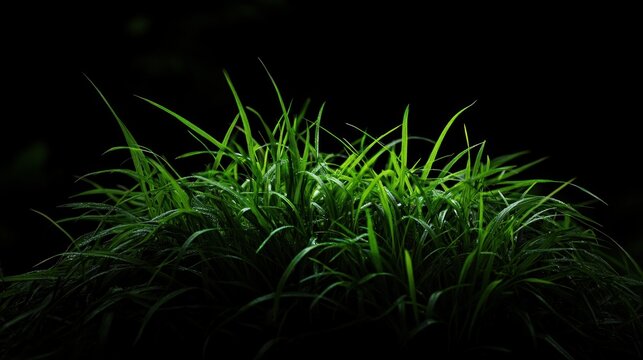 Lush green grass illuminated, dark background, nature