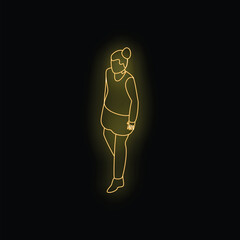 Neon signboard style illustration of a young woman walking away, designed with yellow neon light lines on a black background