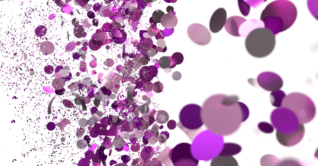 Abstract purple confetti explosion on white. Festive, celebratory backdrop for design.
