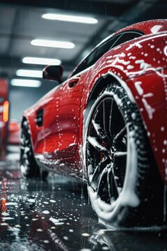A red car is being washed in a car wash. The car is covered in foam and water, and the tires are covered in white foam. The car is parked in a garage, and the lights are on. The scene is bright