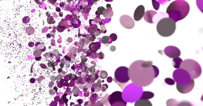 Abstract purple confetti explosion on white. Festive, celebratory backdrop for design.