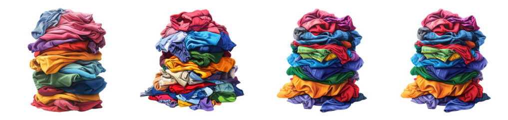 The image depicts four separate piles of multicolored clothing, each exhibiting a variety of fabrics and shades.