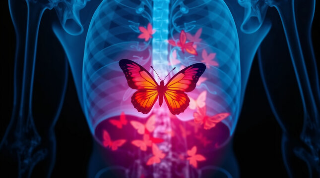 Butterflies and flowers on a x-ray scan of human body. Love and romance concept