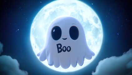 A cute ghost with the word "Boo" on its face, floating in front of a full moon