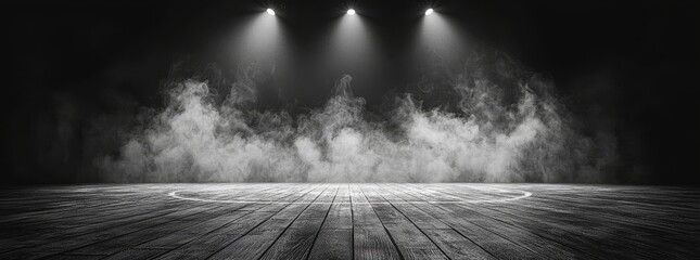 An empty basketball court illuminated dramatically and enshrouded in smoke