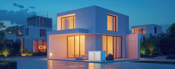 Fototapeta premium battery storage efficiency grid concept. Modern house illuminated at dusk