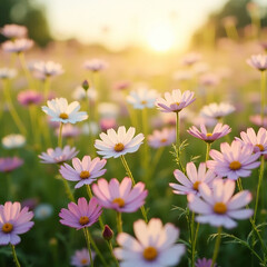 Fototapeta premium A photo of a field of cosmos flowers at sunrise, with a delicate mist hovering over the field (1)