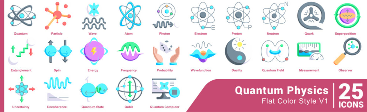 Quantum Physics icon set 25 in Flat Color style