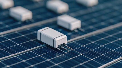 battery storage efficiency grid concept. Solar panels with connectors visible