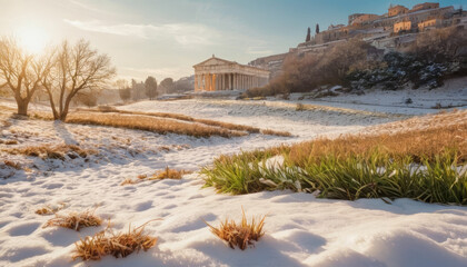 Snowy landscape with grass emerging under sunlight