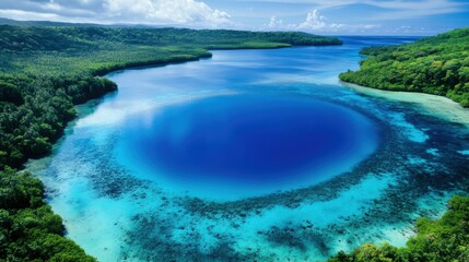 A stunning aerial view of a tropical lagoon, showcasing its vibrant blue waters, lush green vegetation, and a clear sky.