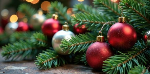 Fototapeta premium Delicate glass and mercury glass ornaments strung on a rustic garland, holiday, garland