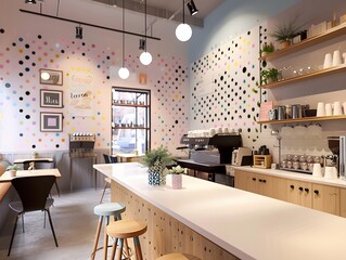 Illustration of A hip coffee shop menu board with playful dot fonts and trendy pastel colors, creating a cozy atmosphere. Ai Generate.