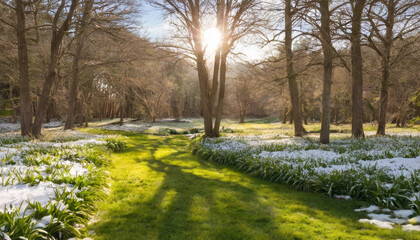 Obraz premium Snowy landscape with grass emerging under sunlight