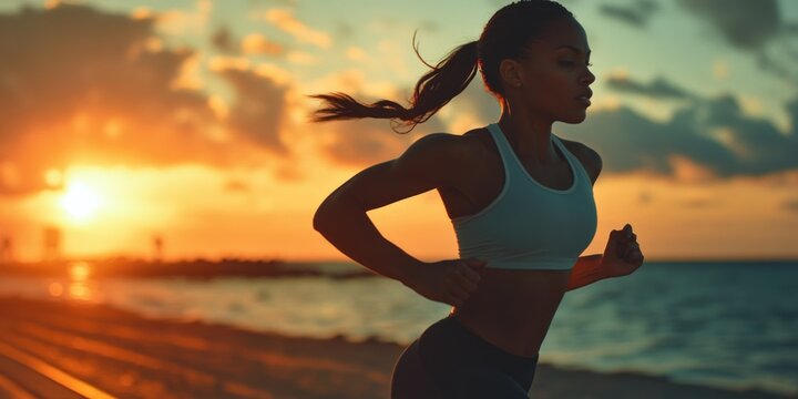 A woman runs on a beach at sunset. The sky is orange and the water is calm. The woman is focused on her run and seems to be enjoying the scenery