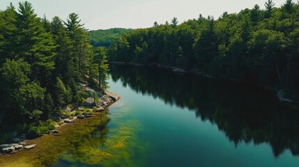 Naklejka premium A serene river meanders through a lush forest, its calm waters reflecting the surrounding greenery.