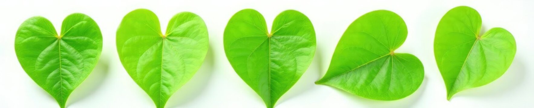 Closeup of heart-shaped leaves with veins on white background, Tinospora cordifolia, guduchi, moonseed