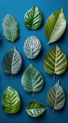 Green leaves against a bright blue background creating a vibrant contrast in a botanical setting