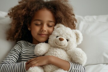 Insurance provides child assurance. A young girl cuddles a teddy bear, resting peacefully on a soft couch.