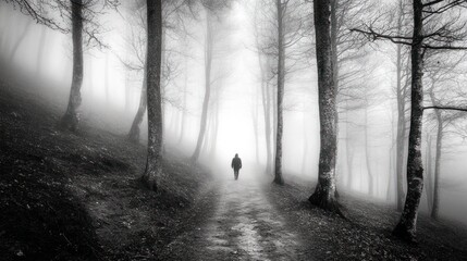 Solitary figure walking path in foggy forest.