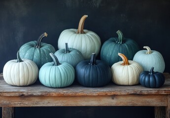A Collection of Decorative Pumpkins in Various Shades and Textures Arranged on a Rustic Wooden Table Against a Dark Background for Autumn and Seasonal Decor