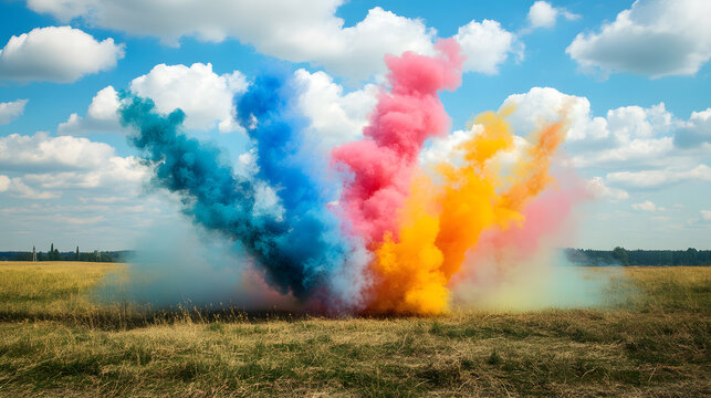 Colorful smoke illustration, daytime fireworks, colorful fireworks at nature, summer day, sunny day 