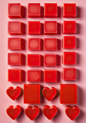 Red marmalade squares and hearts on a pink background. Vertical background for Birthday and Valentine's Day.