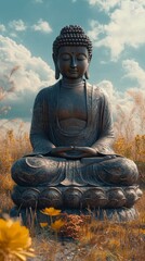 Fototapeta premium Serene Buddha statue surrounded by blooming flowers and soft clouds in a tranquil landscape