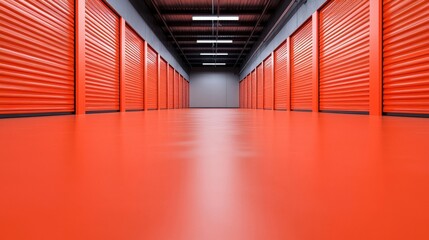 Long row of red storage units with corrugated metal exteriors in an outdoor setting