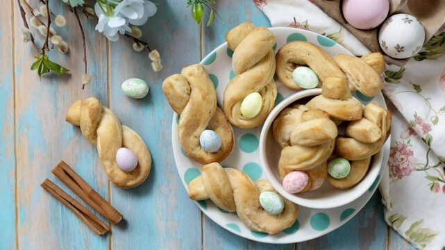 Freshly baked breadsticks surrounding assorted pastel easter eggs on rustic wood table setting