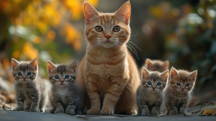 Orange cat mother protects kittens autumn garden nature