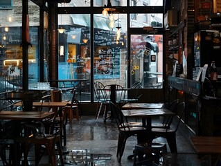 Fototapeta premium Illustration of A hipster café in a trendy neighborhood, where tables and chairs are disintegrating into digital code, patrons unfazed. Ai Generate. 
