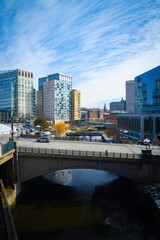 Fototapeta premium Providence Rhode Island Downtown Skyline, Skyscrapers, Promenade, and Bridges over the River