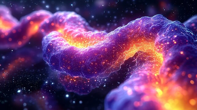 A detailed look at abstract cellular formations painted in bright neon tones, featuring sophisticated patterns reminiscent of alien terrains, capturing a scientific elegance