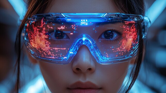 A touching image depicts a person using AR glasses, enhanced with digital overlays, set against a clean background, ideal for promoting AR technology