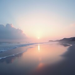 Fototapeta premium The image shows a serene sunset over a calm beach with waves reflecting the colors of the sky, and distant hills visible on the horizon.