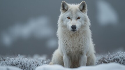 Obraz premium Arctic wolf sits in snowy landscape, winter, wildlife