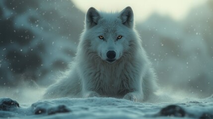 Naklejka premium White wolf lying in snowy landscape during snowfall, mountains in background. Use stock photo