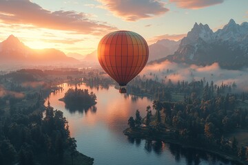 Immerse yourself in nature's calm as a bright, graceful hot air balloon drifts above a peaceful river, set against the backdrop of majestic mountains and a breathtaking sunrise/sunset sky