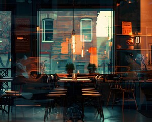 Illustration of A hipster café in a trendy neighborhood, where tables and chairs are disintegrating into digital code, patrons unfazed. Ai Generate.
