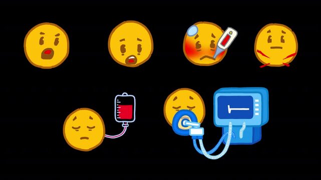 Set of six sick ill emojis. Hand drawn doodle desease animated icons on a transparent alpha channel.