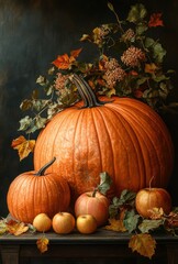 A Stunning Display of Autumn Harvest Featuring Majestic Pumpkins, Apples, and Colorful Foliage Amidst a Dark Background for Seasonal Inspiration