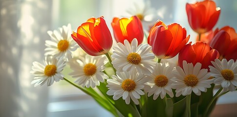 Close-up of a spring flower bouquet with vibrant tulips and daisies