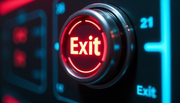 "Exit" glowing teleportation button in a futuristic space, technology and innovation concept