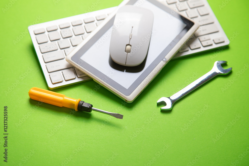 Wall mural wrench and screwdriver with a computer keyboard. it service. support