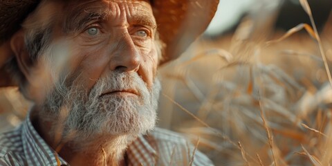 Farmer with beard and hat, contemplating future of crops.