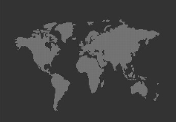 A simple point-based world map in a modern style. A world map made up of dots on a dark background. The digital dog of planet Earth, highlighted on a black background. Vector illustration.