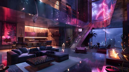 Illustration of A luxurious penthouse with cutting-edge design, partially engulfed in a digital storm, blending opulence with technological chaos. Ai Generate.
