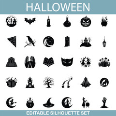 Editable Halloween Silhouette Icons Bats, Pumpkins, Witches, and More
